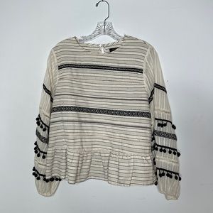 Zara tan and black blouse with pompoms, M